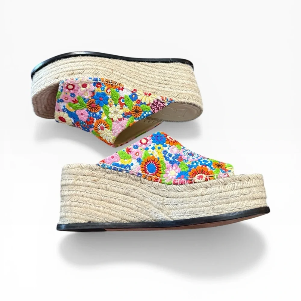 Loewe x Paula's Ibiza Petal Embroidered Canvas Platform Espadrille Mules EU 37